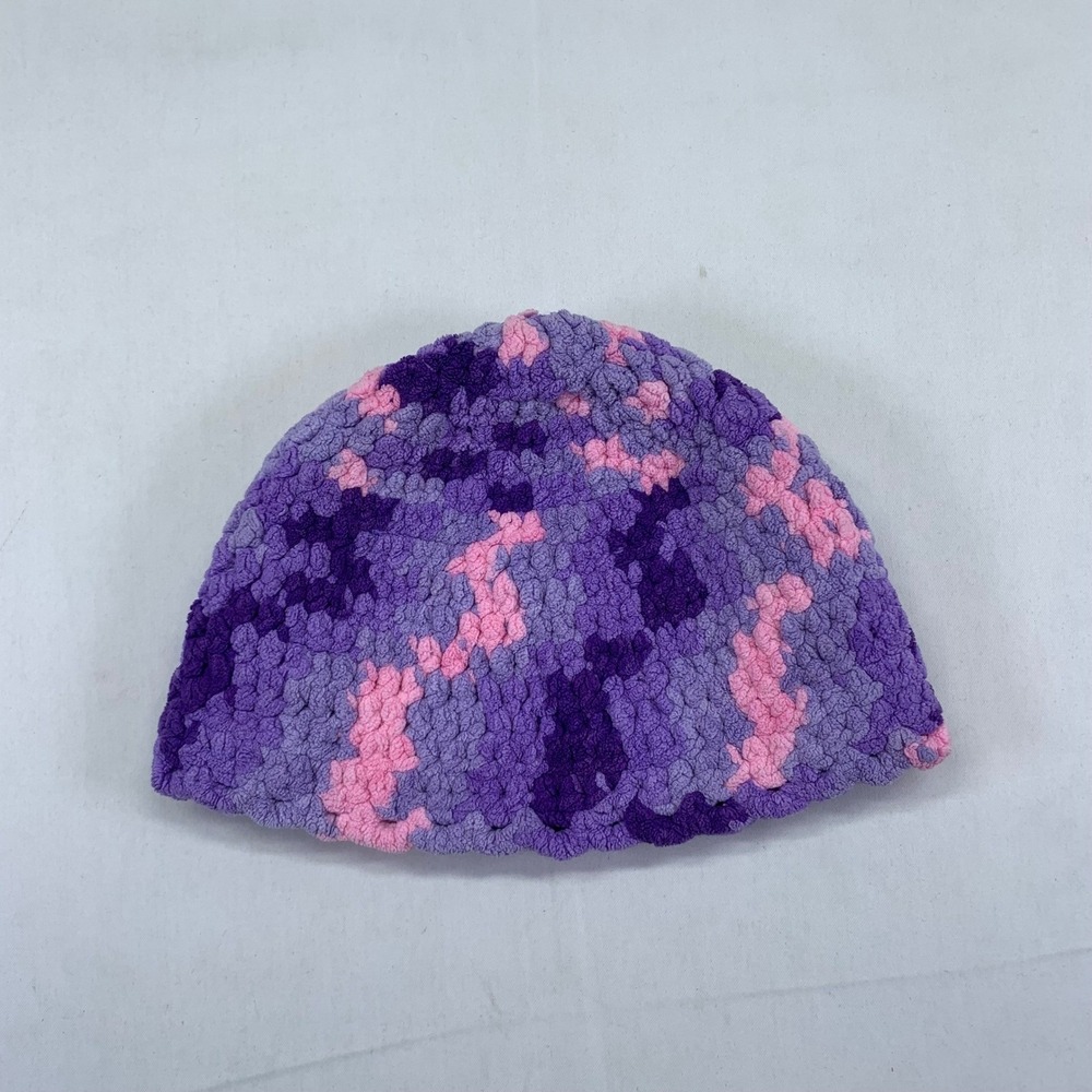 Crochet Beanie Hat Purple Pink Handmade Knit Winter Hat Warm Soft Unique Thick